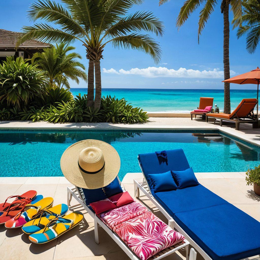 A luxurious poolside setting featuring stylish beachwear on display, with colorful swimsuits, elegant cover-ups, and trendy accessories artfully arranged on sun loungers. Include a sparkling blue pool in the background, palm trees swaying gently, and a bright blue sky above for a sunny vibe. Add a cocktail and a stylish beach hat to enhance the scene. vibrant colors. super-realistic.